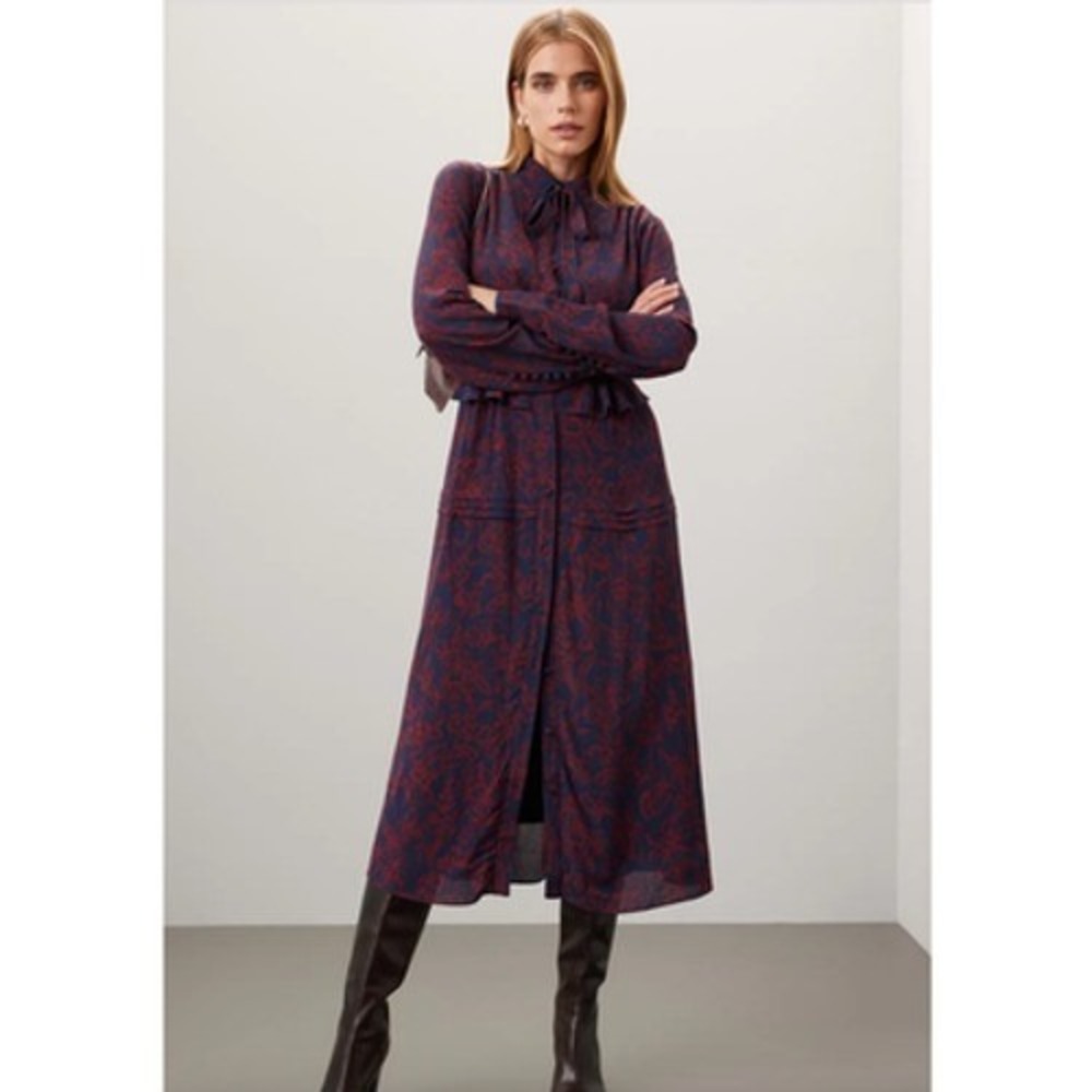 Jason‎ Wu Collective Shirt Dress Womens Size 6 Navy Red Floral Midi Tie Neck